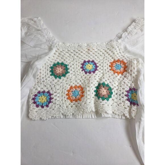 Chrysanthemum Crochet Floral Vacay Crop Top Medium Balloon Sleeve - Picture 3 of 7
